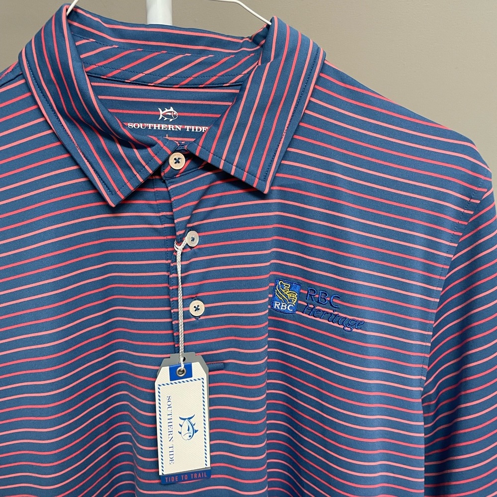 Southern Tide Blue and Pink Striped Performance Polo